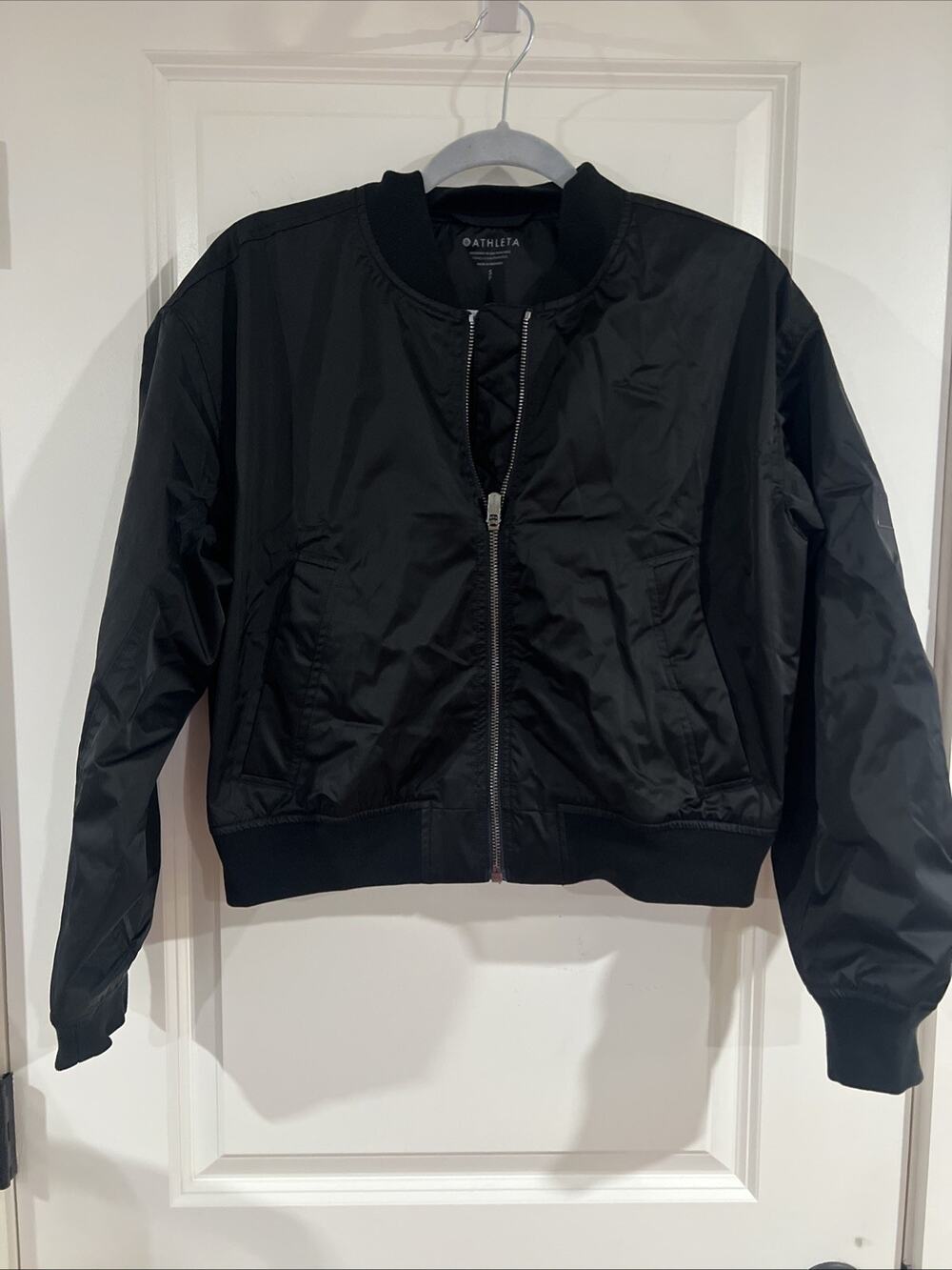ATHLETA Sateen Bomber Black Zip Jacket Size SMALL S Short Casual Coat